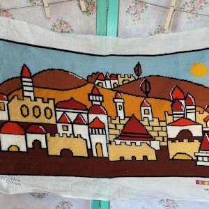 Jerusalem City Skyline Needlepoint Panel // 24.75x14&quot; &gt; Rik Mah by Elazar, Israel &gt; hand stitched wool, completed, browns, reds, orange