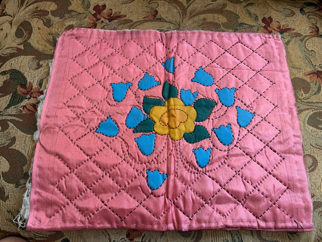 Vintage Pink Satin Pillow Cover // 13x15.5 Finished Painted, Quilted
