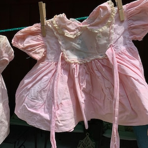Vintage Mid-Century Baby Dress // 12&quot; tall &gt; pink cotton, embroidered rosebuds on organza, puff sleeves, full skirt &gt; as is