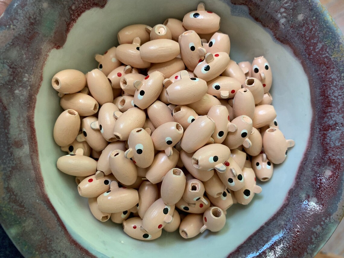 Vintage Hand Painted Wooden Face Beads lot of 5 pink Etsy