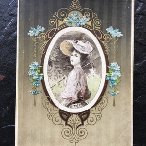 Antique Vintage Art Nouveau Illustrated Lady Handkerchief Box // 7.25x5.25x.5&quot; &gt; Victorian, Edwardian &gt; color lithograph, forget me nots