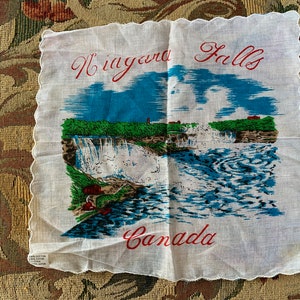 Vintage Niagara Falls Souvenir Handkerchief // 10.5&quot; square &gt; Canada, Canadian, cotton &gt; original label, Japan