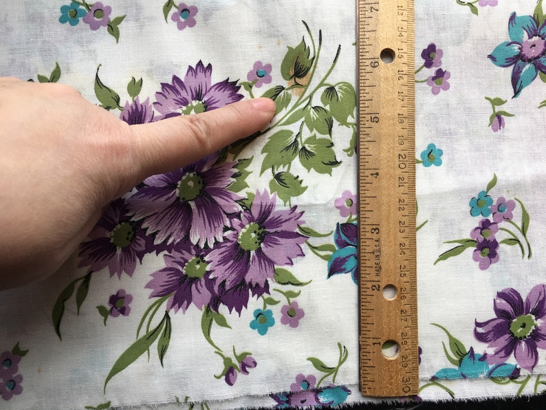 blue Vintage Purple Floral Cotton Muslin Fabric 27x36 and 60x36 green daisies and flowers Unused purple 2 pcs available