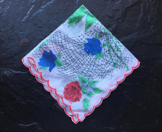 Vintage Mid Century Mod Roses Handkerchief // 13"… - image 2