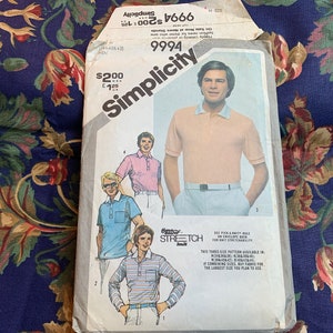 1980s Men&#39;s Pullover Top Pattern for Stretch Knits // Simplicity 9994 &gt; Size 38-40-42 &gt; collar polo shirt, short or long sleeves, pocket