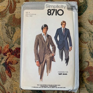 Vintage 1970er Jahre Herren Gefütterte Jacke und Weste Muster / Simplicity 8710 &gt; Größe 38-40-42-44 &gt; unbenützt &gt; langer Blazer, Taschen, cinch back