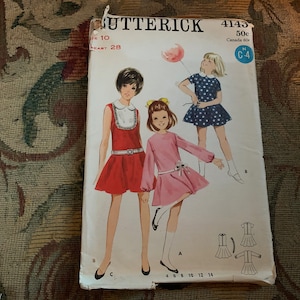 Vintage 1960s Girls&#39; Dropped Waist Dress Pattern // Butterick 4143 &gt; Size 10 &gt; jewel neckline or Peter Pan collar, full circle skirt at hip