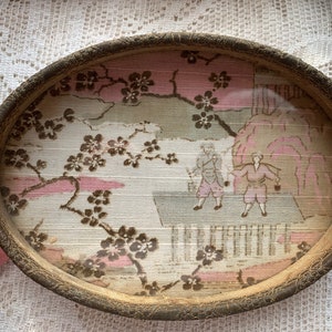 Antique Vintage Vanity Tray- Fabric, Metallic Trim, Glass // 5x7.25&quot; oval &gt; Victorian, Edwardian, 1920s &gt; pastel pink, green Chinoiserie