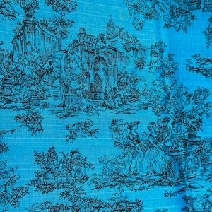 Turquoise Blue Toile Fabric- Silk? // 108x46&quot; (3 yards) &gt; unused deadstock &gt; 18th Century scenes, garden courtship, teal, peacock w/ black