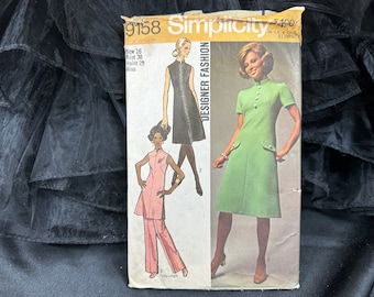 vintage années 1970 Robe ou Tunique et Pantalon Motif // Simplicité 9158 Designer Mode > taille 16, buste 38 > col debout