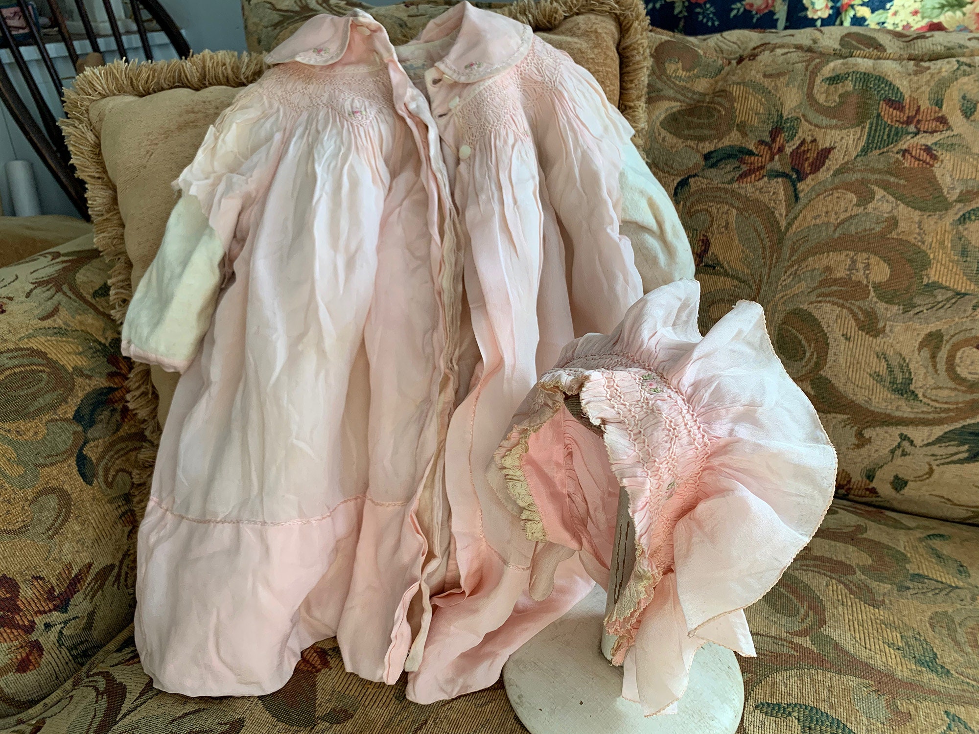 Antique Vintage Pink Silk Flower Ruffled Baby Bonnet, Cap 
