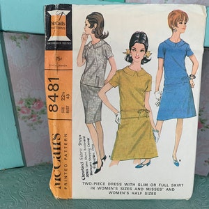 May include: Vintage McCall's sewing pattern for a two-piece dress with a slim or full skirt. The pattern is for women's sizes and misses' sizes, and women's half sizes. The pattern number is 8481 and the bust size is 22 1/2 inches.