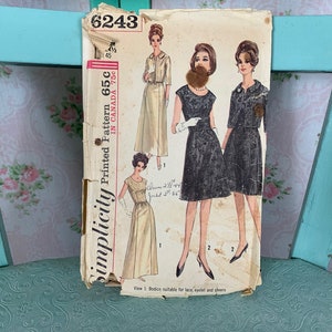 Vestido vintage dos anos 1960 em dois comprimentos e jaqueta em padrão de meio tamanho // Simplicidade 6243 &gt; volup Sz 24 1/2, Busto 45 &gt; terno, noite, dourado!