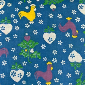 Vintage Chickens, Roosters & Hearts Cotton Fabric // 88x35" > unused > French blue, eggplant purple, yellow, green print