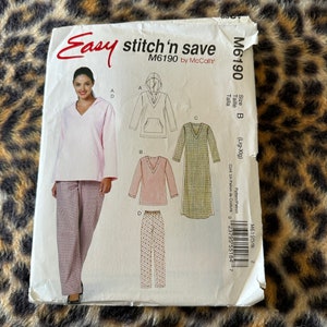May include: Sewing pattern for a hooded top, a long-sleeved top, a long dress, and pants. The pattern is for sizes Large to Extra Large. The pattern number is M6190.