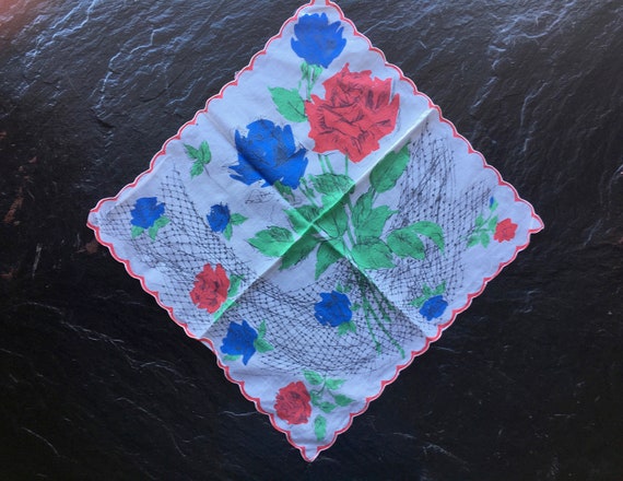Vintage Mid Century Mod Roses Handkerchief // 13"… - image 1
