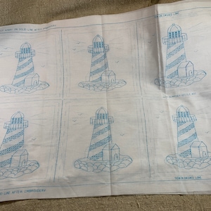 2 Lighthouse Quilt Blocks to Embroider by Jack Dempsey // 9&quot; sq blocks, white fabric stamped for embroidery &gt; deadstock diy project