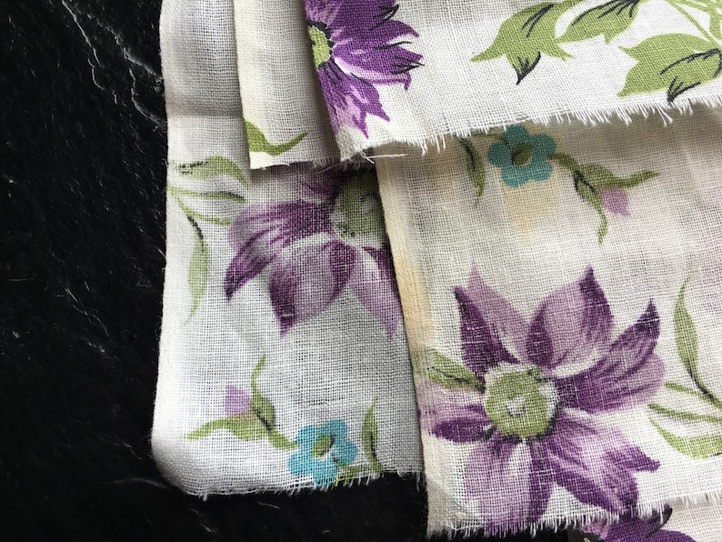 blue Vintage Purple Floral Cotton Muslin Fabric 27x36 and 60x36 green daisies and flowers Unused purple 2 pcs available