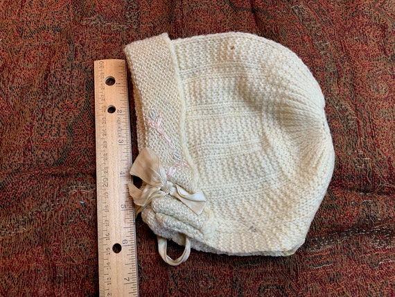 Antique Vintage Knit Ivory Wool Baby Bonnet, Cap … - image 6