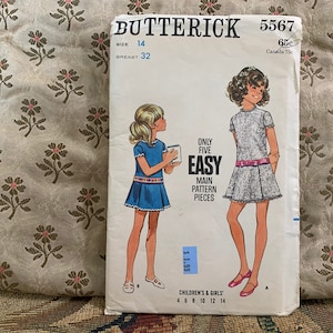 Vintage 1960s Children&#39;s One-Piece Dress Pattern // Butterick 5567 &gt; Size 14 &gt; Unused &gt; dropped, low waist, a-line, pleats