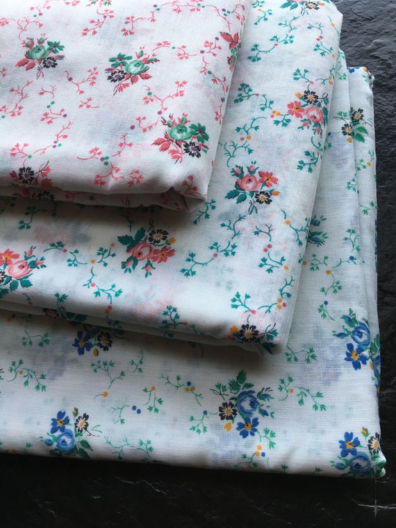Vintage Semi-Sheer Tiny Roses Cotton Fabrics in 3 Different Colorways // Unused > small floral sprigs in blue, pink and aqua > Peter Pan
