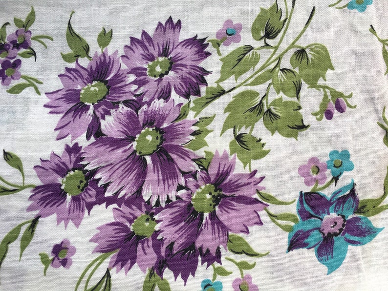 blue Vintage Purple Floral Cotton Muslin Fabric 27x36 and 60x36 green daisies and flowers Unused purple 2 pcs available