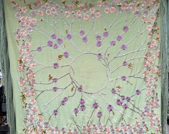 Vintage Signed Embroidered Silk Shawl // 45x47" +24" fringe > Rare green w/pink & purple cherry blossom flowers > Elegant 1920s - 1930s
