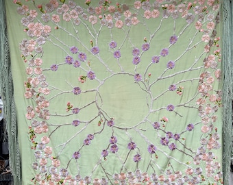 Vintage Signed Embroidered Silk Shawl // 45x47" +24" fringe > Rare green w/pink & purple cherry blossom flowers > Elegant 1920s - 1930s