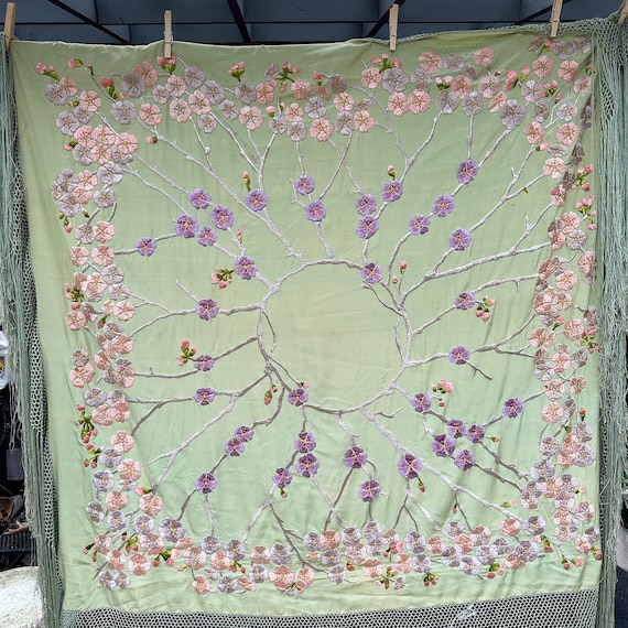 Vintage Signed Embroidered Silk Shawl // 45x47" +… - image 1