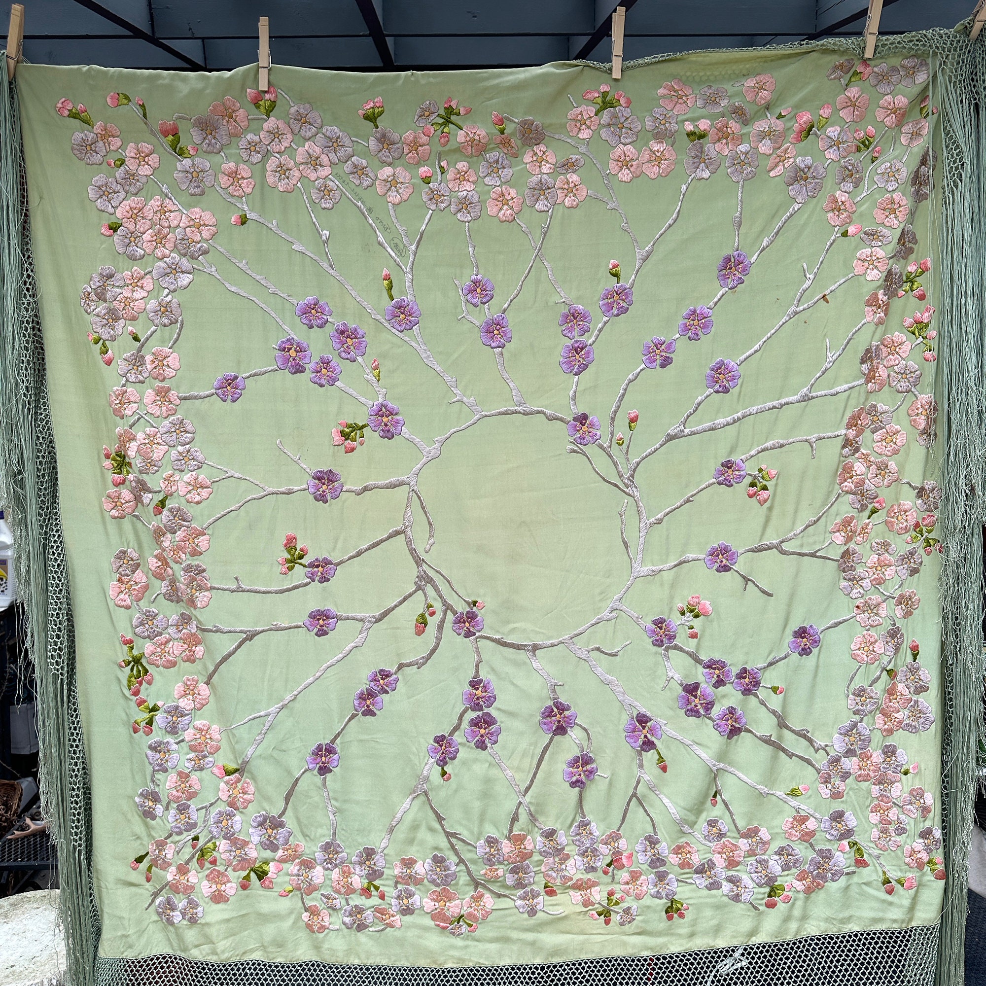 Vintage Signed Embroidered Silk Shawl // 45x47" +24" fringe > Rare green w/pink & purple cherry blossom flowers > Elegant 1920s - 1930s