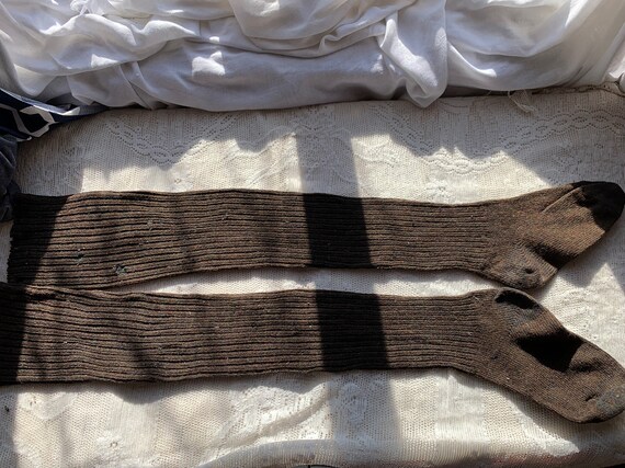 Antique Vintage Brown Knit Wool Stockings // 8.5"… - image 1