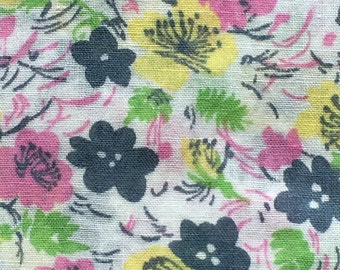 Vintage Floral Print Cotton Lawn Fabric // 50x35" > pink grey white green yellow