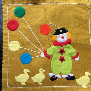 Vintage Mid-Century Two-Sided Felt Pillow Cover // 20x20.5" > clown, balloons, ducks, choo choo train and moon > child, circus, 1950s