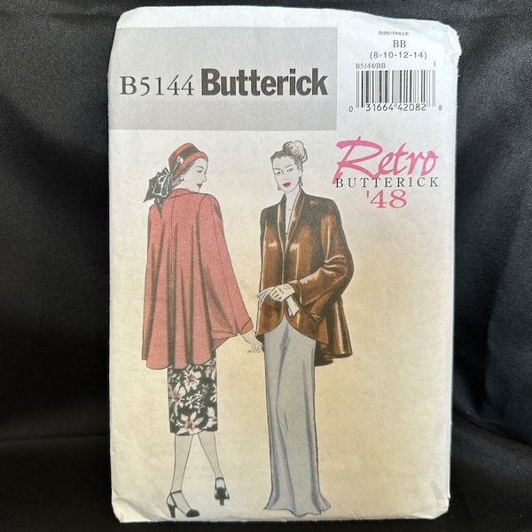 1940s Reproduction Coat Pattern // Butterick Retro '48 5144 > sizes 8-10-12-14 > v. loose-fitting jacket, flared back, shawl collar, pockets