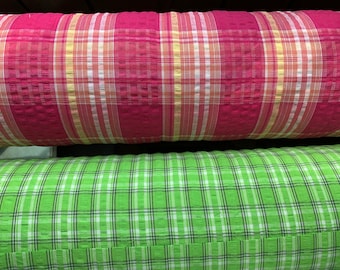 Hot Pink OR Lime Green Cotton Plaid Seersucker Fabric // 36x44&quot; BTY, by the yard &gt; Unused NOS &gt; &#39;Cape Cod Seersuckers&#39;