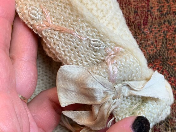 Antique Vintage Knit Ivory Wool Baby Bonnet, Cap … - image 4