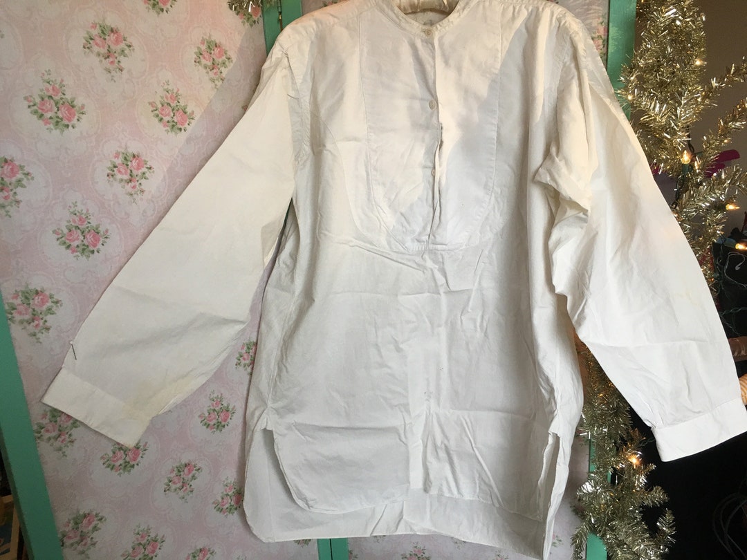 Antique Vintage Men's White Cotton Shirt // Size L 16, 32 Stiffened Bib ...