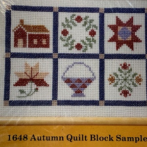 May include: A framed cross-stitch sampler with the title "1648 Autumn Quilt Block Sampler". The sampler features six different quilt blocks, including a house, a wreath, a star, a leaf, a basket, and a snowflake. The blocks are stitched in various shades of red, blue, green, and brown.