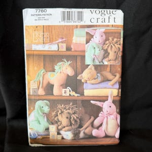 May include: Vogue Craft pattern 7760 featuring stuffed animal designs. The cover shows a variety of plush toys, including a horse, lion, dog, and bunny. The pattern is one size and includes the designer's name, Linda Carr.