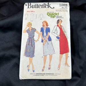 May include: A vintage sewing pattern for a dress with a striped pattern, a red dress, and a white jacket. The pattern is for moderate stretch knits and includes a quick tip for timesaving tricks for stretch knits. The pattern number is 5862 and the size is 18 1/2.