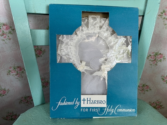 Vintage Deadstock Veil Headpiece for First Holy Communion // Mid-Century deadstock, unused > Harbro, original illustrated box