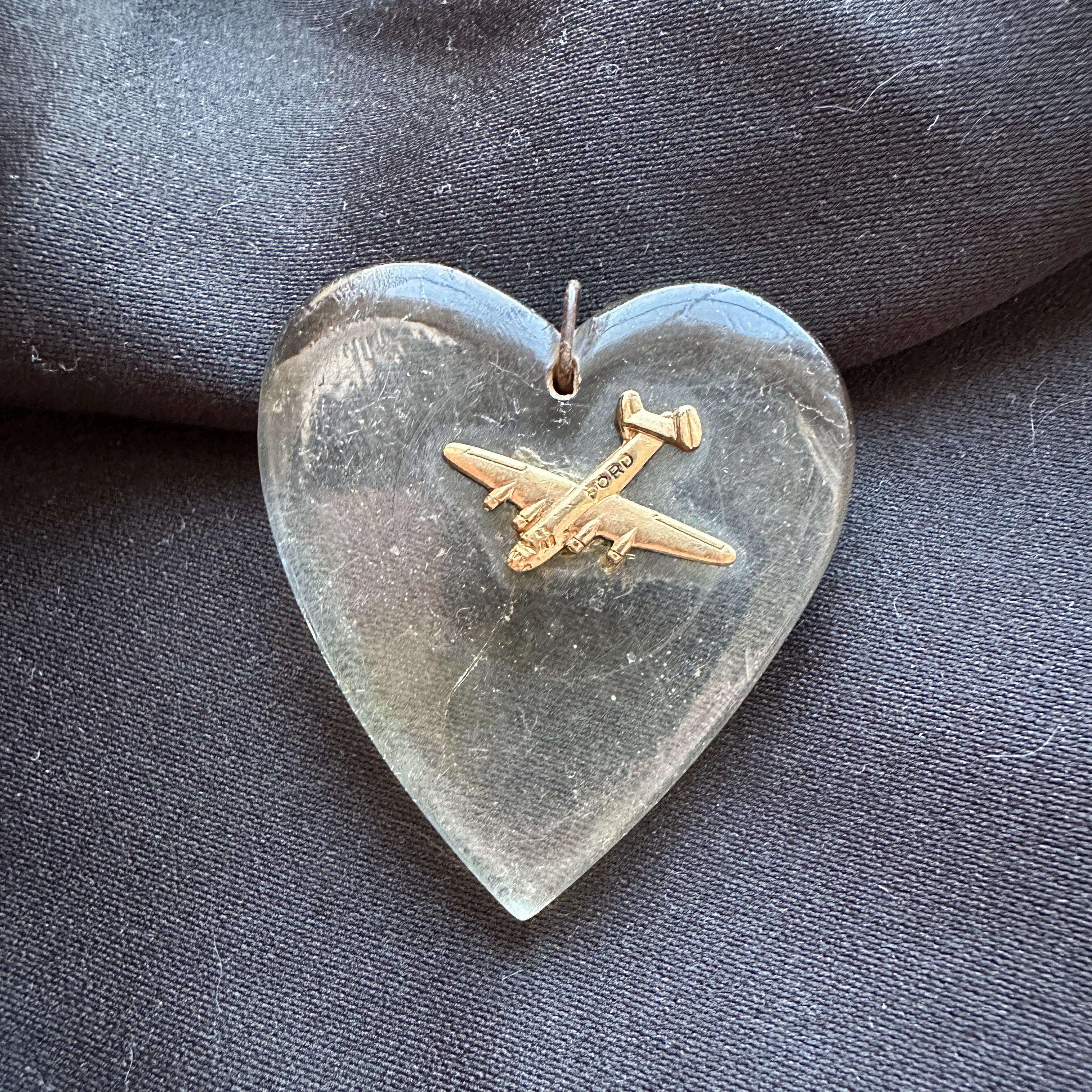 Vintage 1940s Lucite Heart Sweetheart Pendant W/ford Airplane // 1
