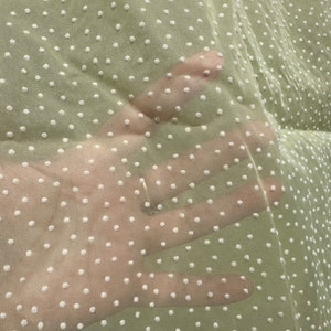 May include: A sheer green fabric with white polka dots. The fabric is translucent and has a soft, delicate texture.