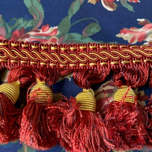 Exquisite Tassel Fringe Trim Remnant, Scrap // 18x3.25&quot; + &gt; pomegranate red & honeybee gold &gt; upholstery, furniture, pillow, drapery, braid