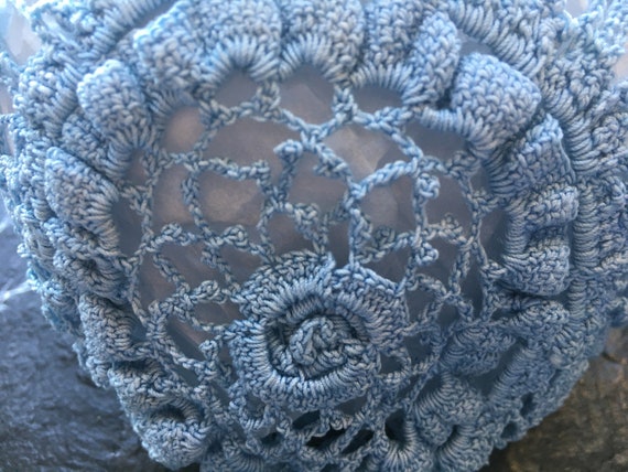Antique Vintage Blue Crocheted Baby Bonnet, Cap /… - image 4