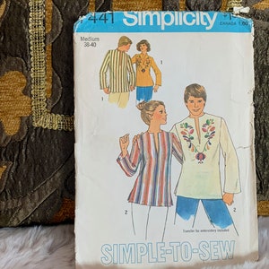 Vintage 1970s Men&#39;s Boho Pullover Top Pattern // Simplicity 7441 &gt; Size 38-40 &gt; Embroidery transfer included, instructions missing