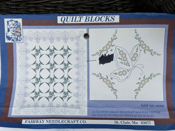 刺繍用ヴィンテージ バタフライ キルト ブロック // 18x18 インチ