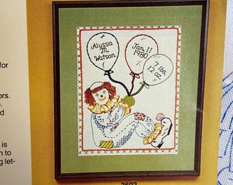 11x14"> Geburtsbuch Stickdatei Bordüre Clown mit Ballons > Artcraft Concepts #3602 > DIY handmade Geschenk 4 Babys, helle Farben