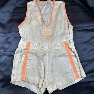 Antique Vintage 2-Pc Silk Romper- Shirt & Shorts // child size &gt; handmade, button together, kitty cat appliqué, sleeveless, orange trim