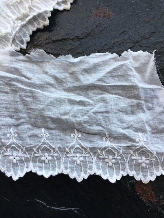 antique vintage hand embroidered boucle stitches folk skirt with scalloped crochet lace edging hem